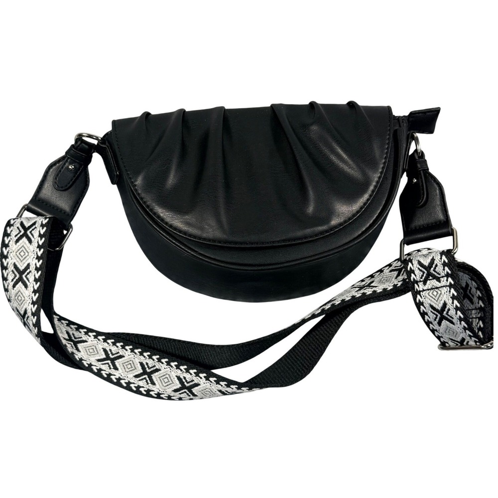 Black Pleated Half Moon Crossbody Bag with Geometric Woven Guitar Strap Boho